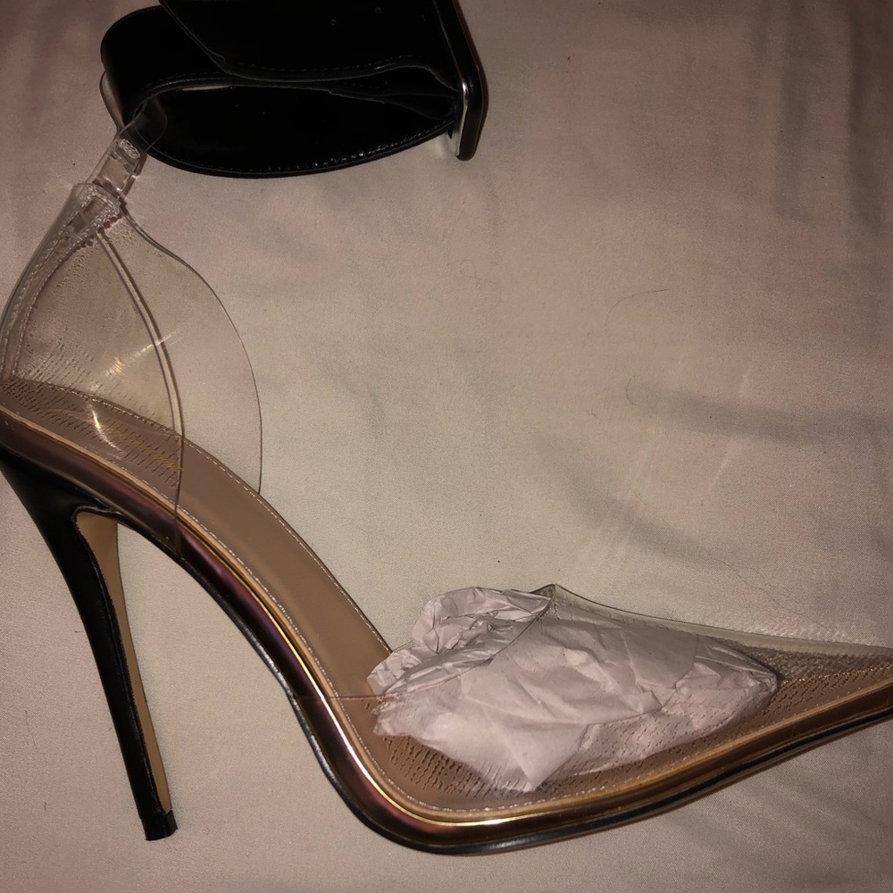 Clear see through heels with black ankle strap